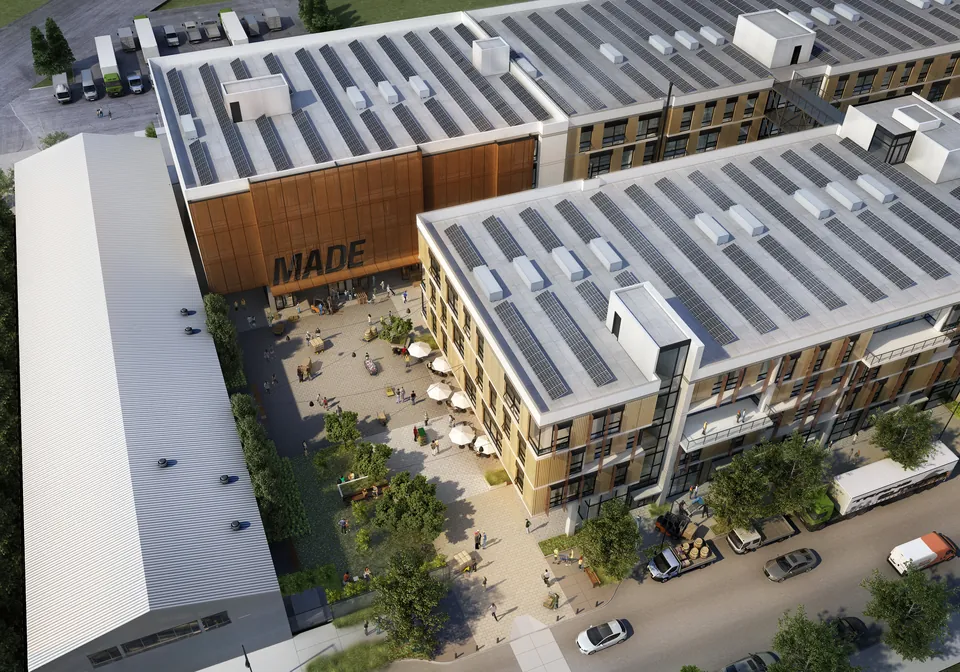 3D aerial rendering of the 100 Hooper office campus with rooftop solar, San Francisco