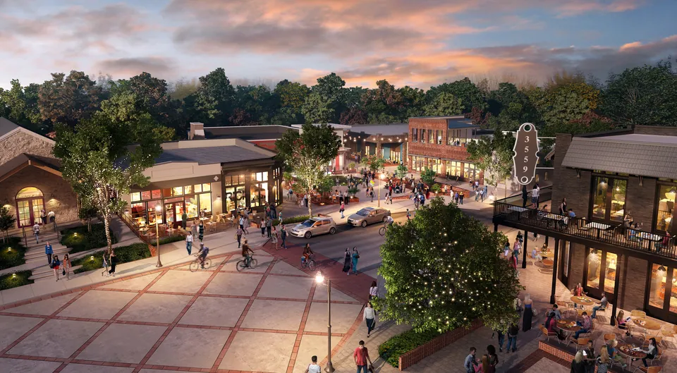 3D aerial rendering of the Duluth retail plaza at sunset, Charlotte, NC