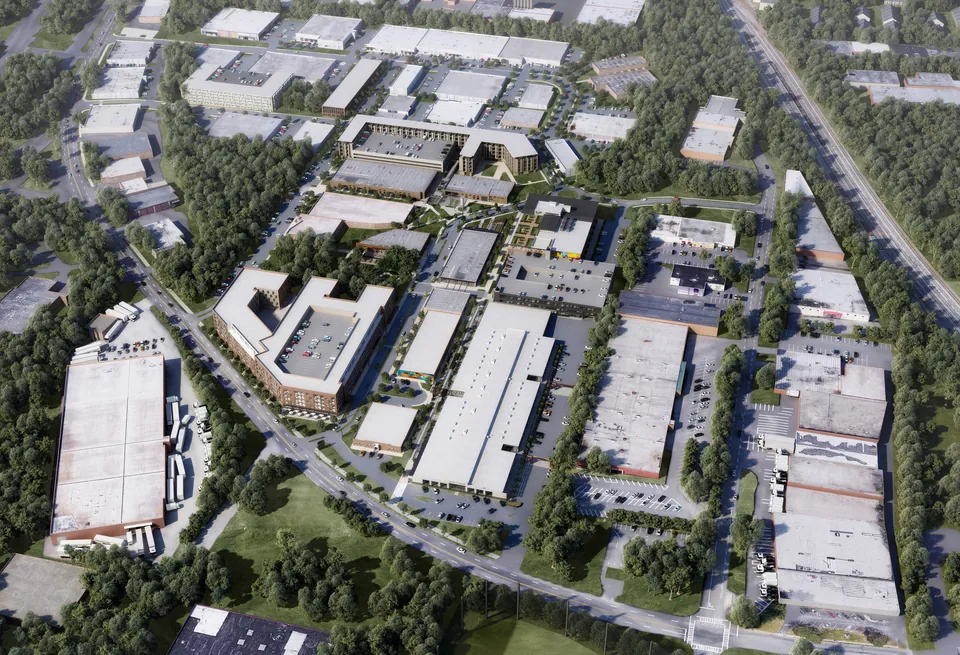 3D aerial rendering of a business complex and office park, Long Island, NY