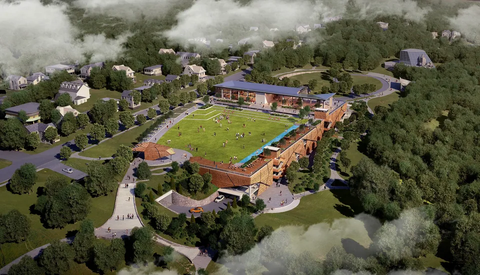 3D aerial rendering of the Grant Park development with a rooftop playing field