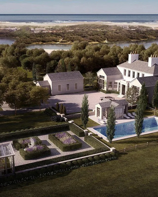 Aerial rendering of an estate on the Chauncey Peninsula, East Hampton, overlooking Georgica Pond
