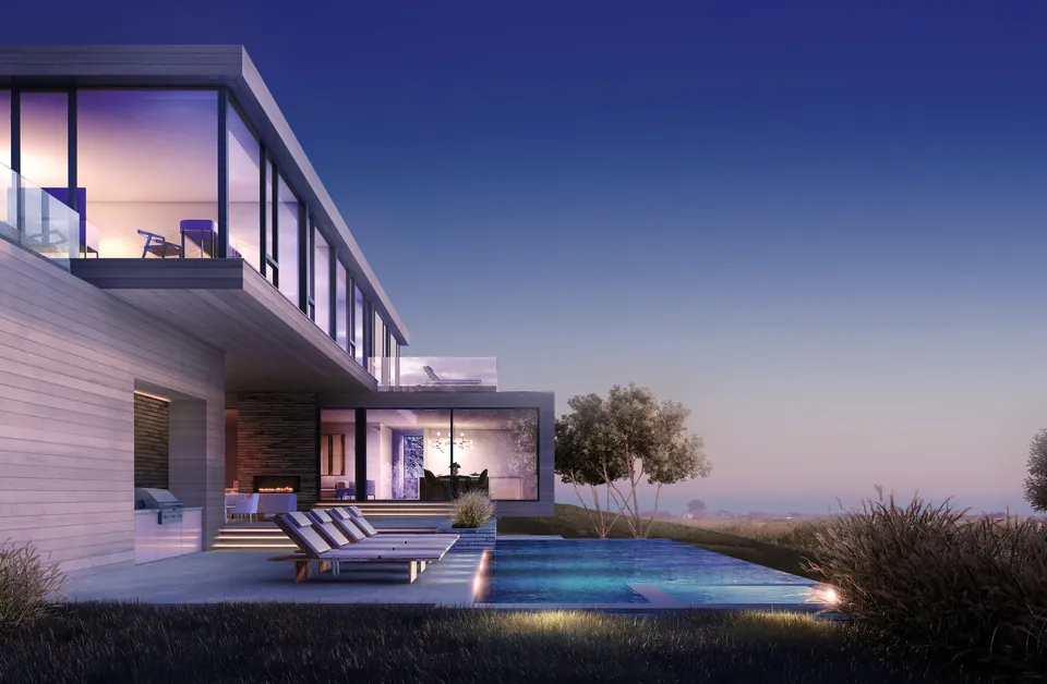 Dusk exterior rendering of a modern house with cantilevered terrace and pool, Wheaton Way, Water Mill