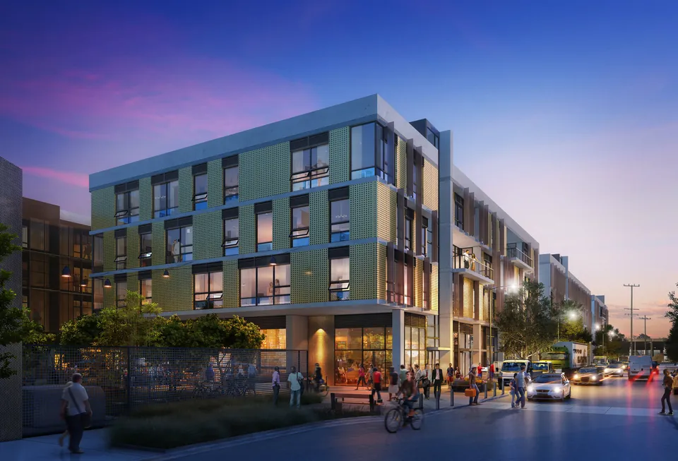 Dusk street-level rendering of a mixed-use building at 100 Hooper, San Francisco