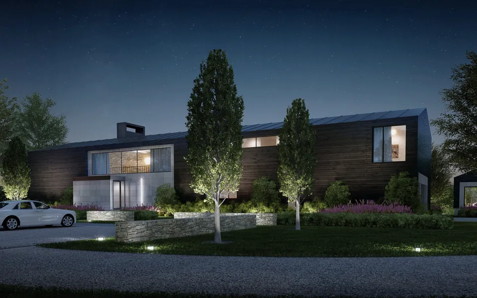 Night exterior rendering of a modern residence with landscape lighting, Quimby Lane, Bridgehampton