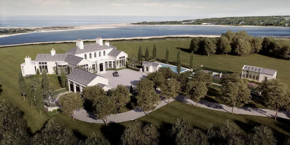 3D aerial rendering of an estate on Chauncey Close overlooking the water, East Hampton, NY