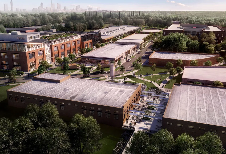 3D aerial rendering of the Sylvan Supply brick warehouse redevelopment, Charlotte, NC