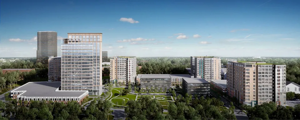 Aerial rendering of a business center with office towers and surrounding greenery, Atlanta