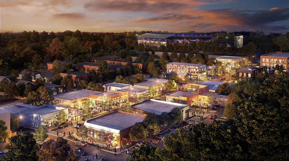 3D aerial dusk rendering of the Georgia Avenue mixed-use development, Atlanta, GA
