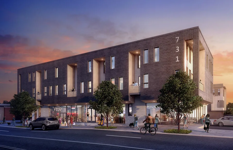 Dusk exterior rendering of brick townhouses at 731 Moreland, Charlotte