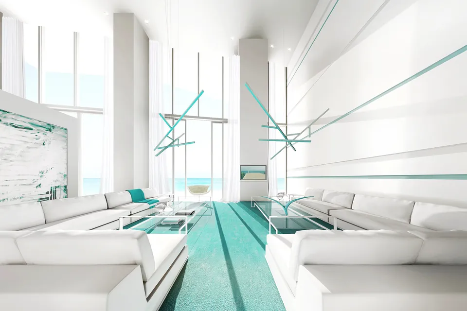 Interior rendering of a white penthouse living room with ocean views, Collins Avenue, Miami