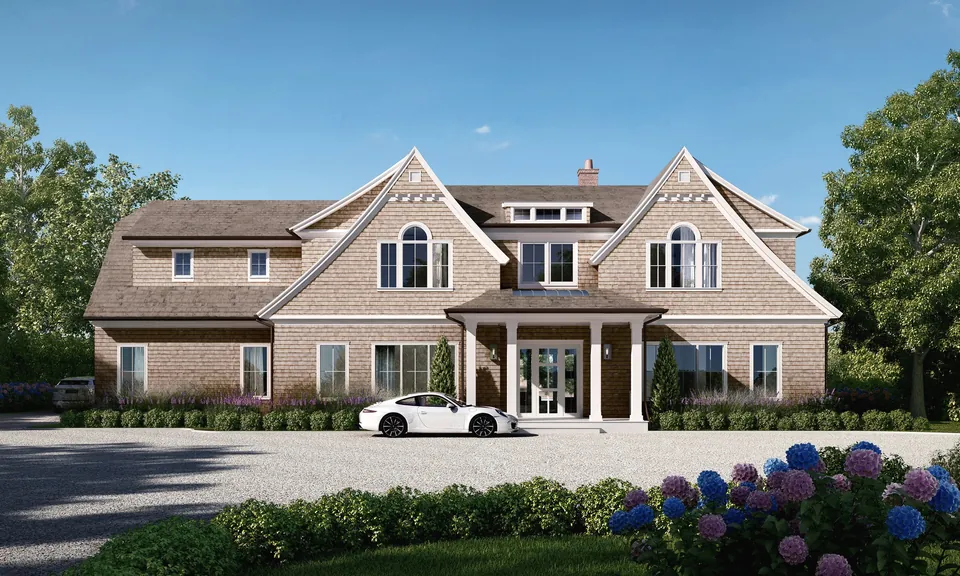 Front exterior rendering of a shingle-style residence with gabled roofline, Sagaponack, NY