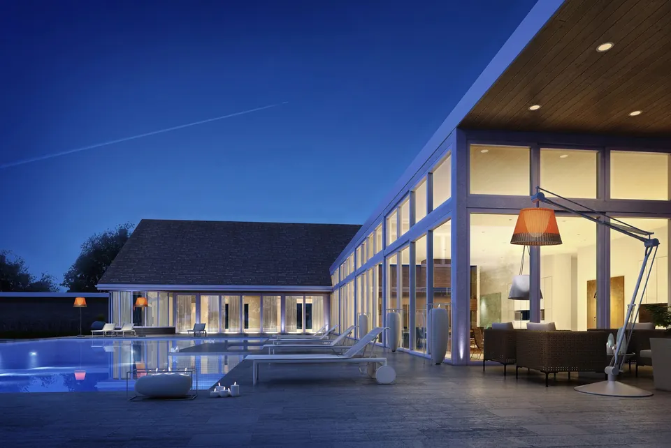 Dusk rendering of a pool terrace and glass-walled pavilion at a private residence, North Haven, NY