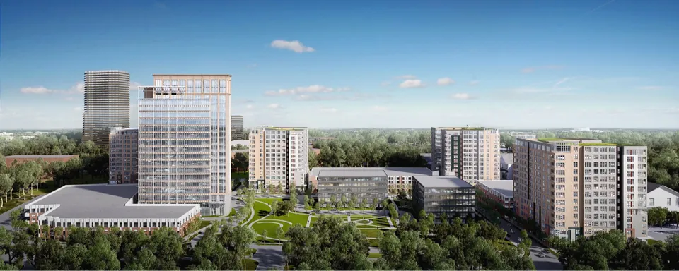 3D aerial rendering of a business center with office towers, Atlanta, GA