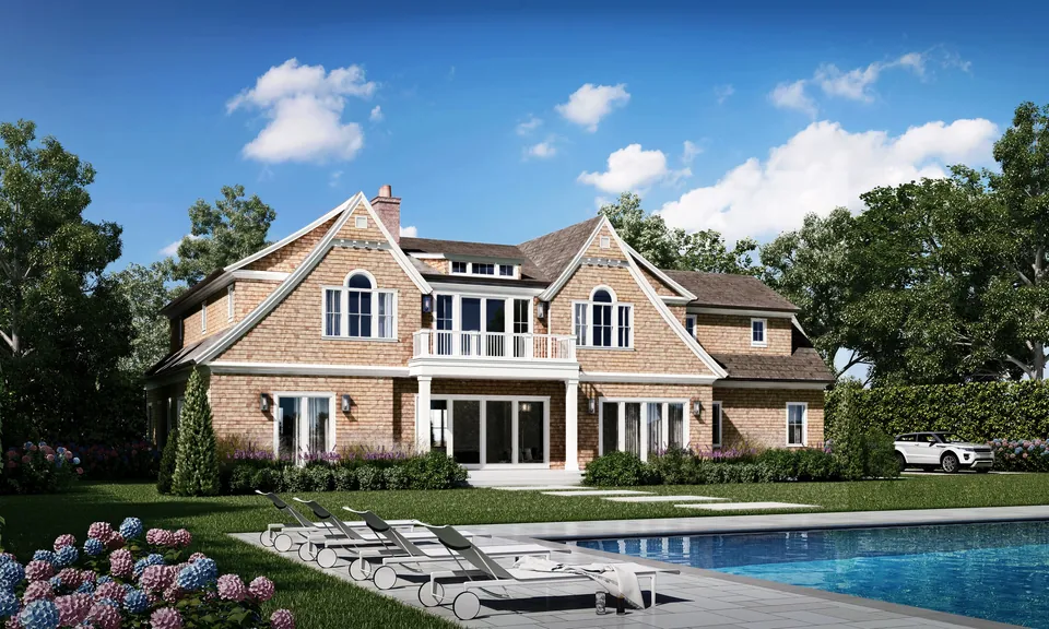 Rear exterior rendering of a shingle-style home with pool and patio, Sagaponack, NY