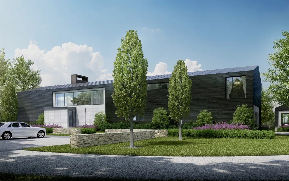 Exterior rendering of a modern dark-clad residence with landscaped lawn, Quimby Lane, Bridgehampton