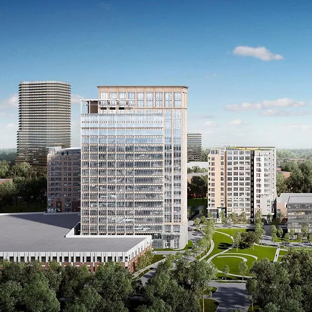Aerial rendering of a large-scale mixed-use development proposal