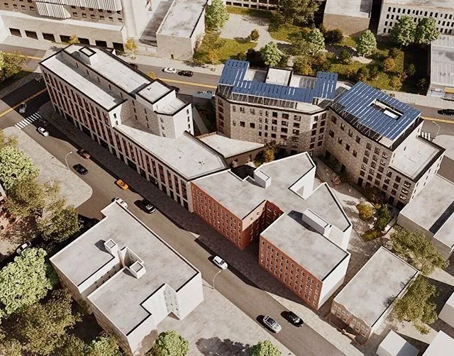 Aerial rendering of a mixed-use proposal in Manhattan with fall foliage