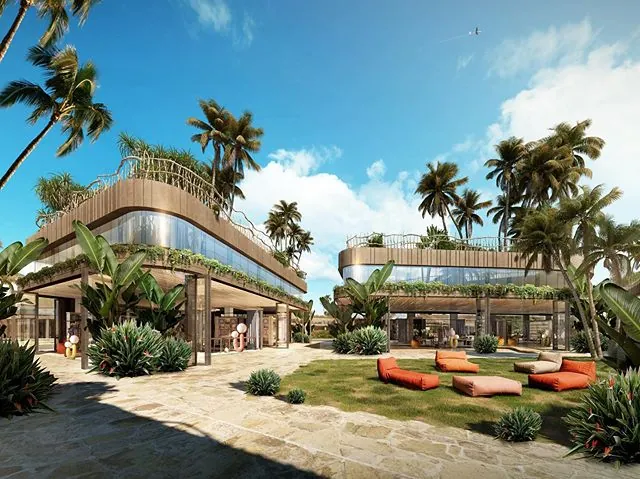 Rendering of a resort retail pavilion among palm trees, Jamaica