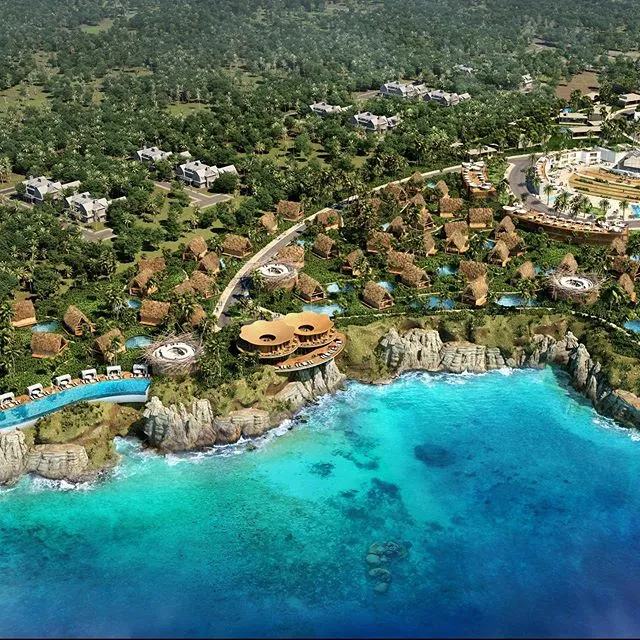 Aerial rendering of an oceanfront resort on the Jamaican coast