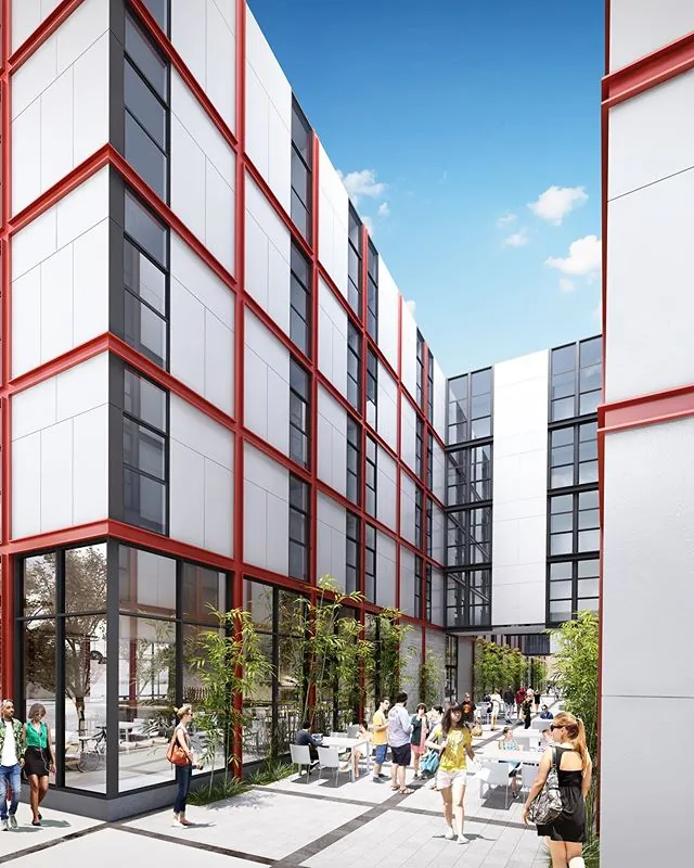 Rendering of a courtyard at the proposed California College of the Arts campus