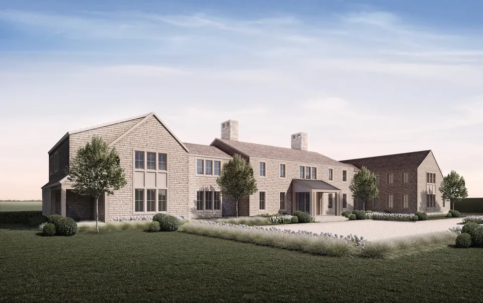 Exterior 3D rendering of a Hamptons shingle-style residence with lawn and landscaped approach