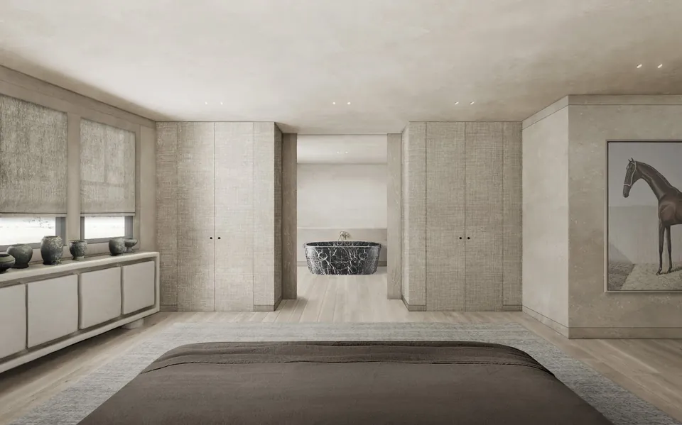 Interior rendering of a junior suite in a Hamptons shingle-style home with built-in cabinetry