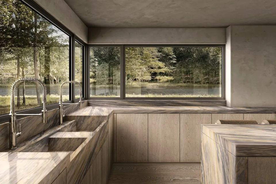 Rendering of a modern shingle-style kitchen in the Hamptons with a wide window onto wooded grounds
