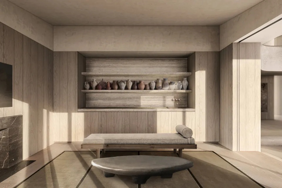 Interior rendering of a Hamptons living room with built-in shelving and natural wood finishes