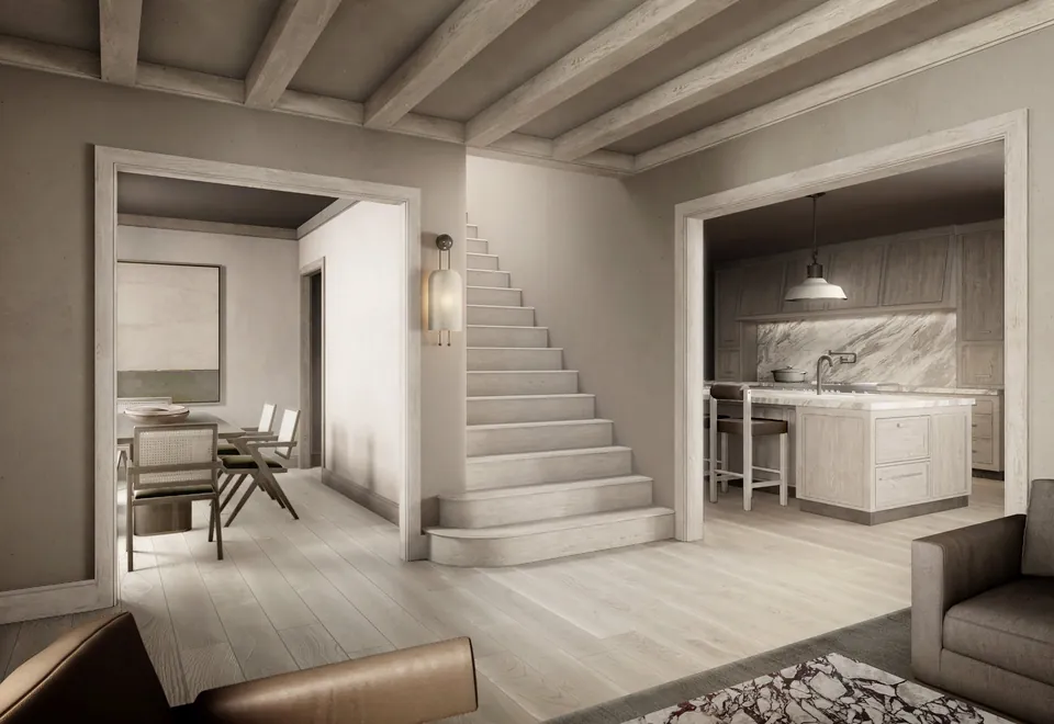 Interior rendering of an entry hall and staircase in a Hamptons shingle-style residence