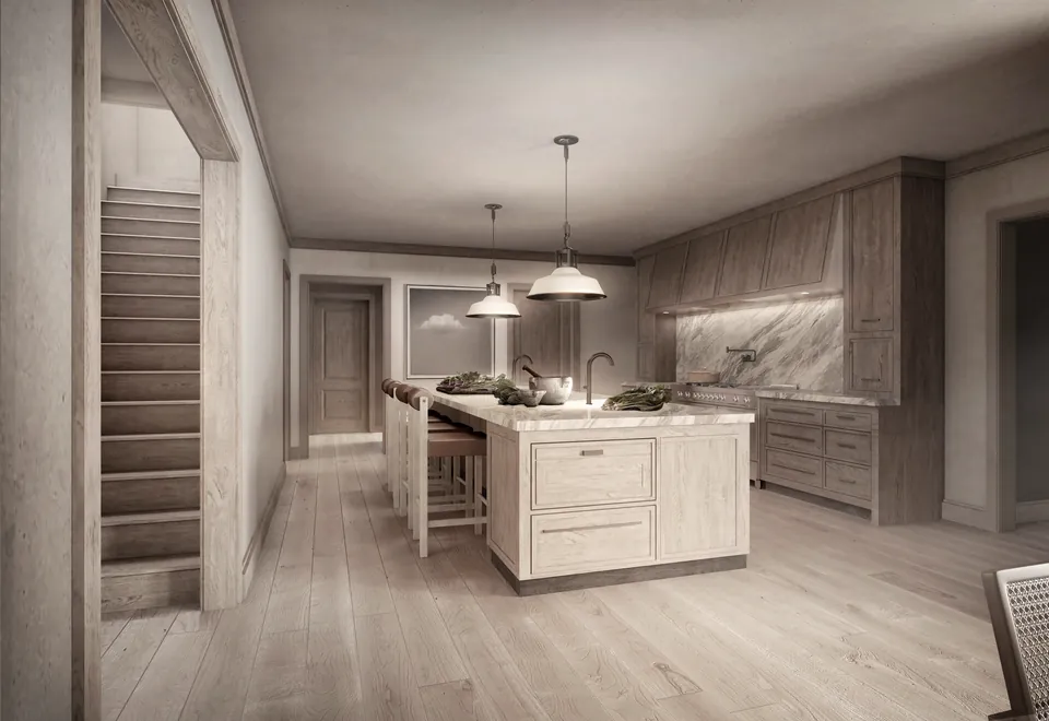 Interior rendering of a kitchen with island and marble backsplash in a Hamptons residence