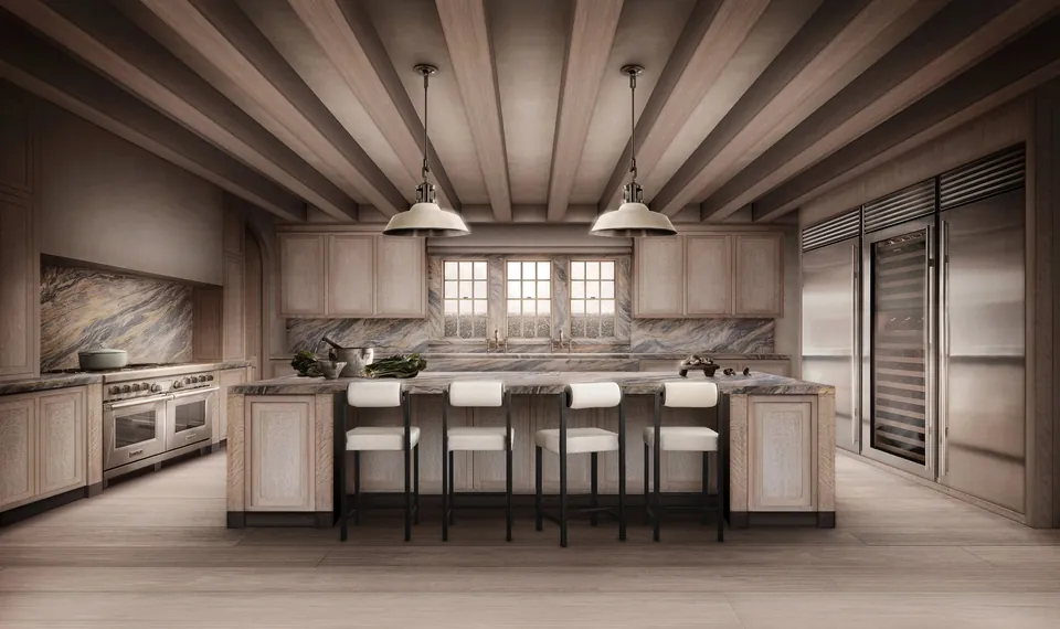 Interior rendering of a Hamptons kitchen with a beamed ceiling, pendant lights and island seating