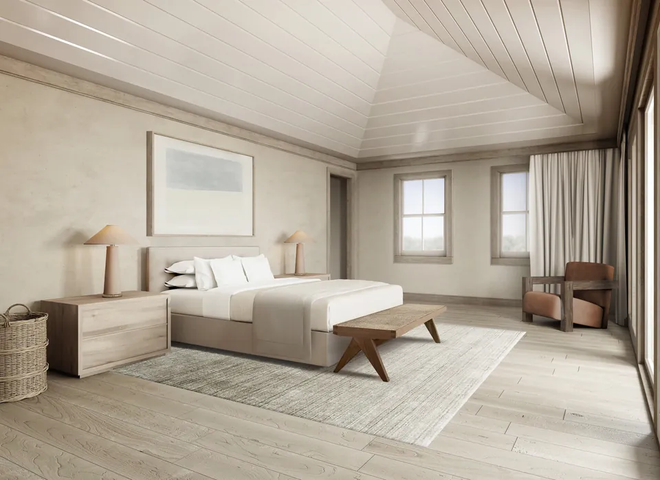 Interior rendering of a primary bedroom in a Hamptons shingle-style residence