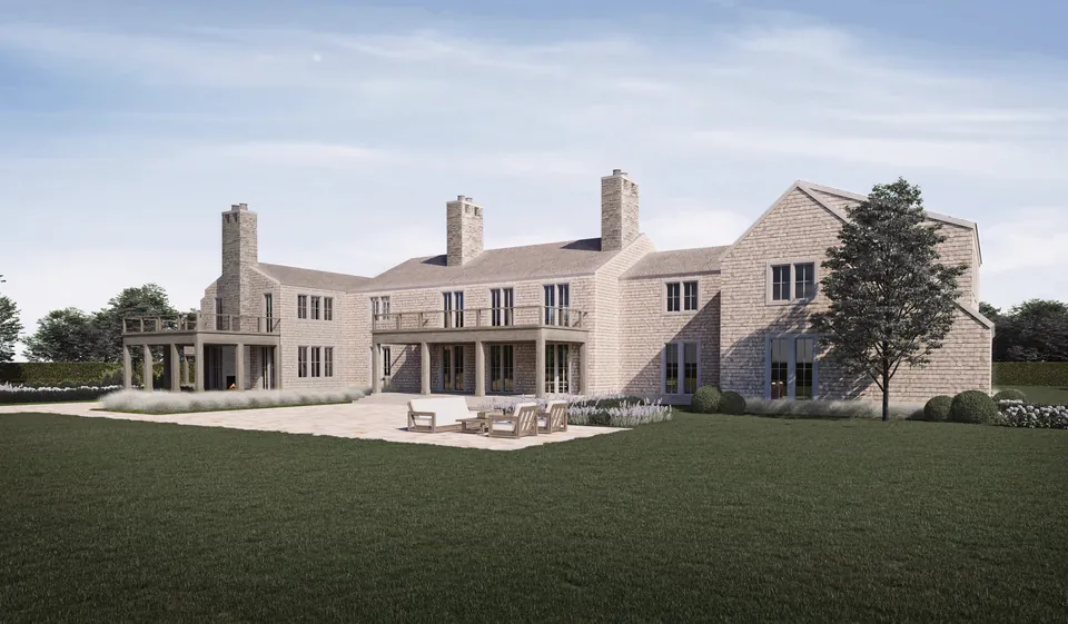 Rear exterior rendering of a Hamptons shingle-style home with terrace and lawn