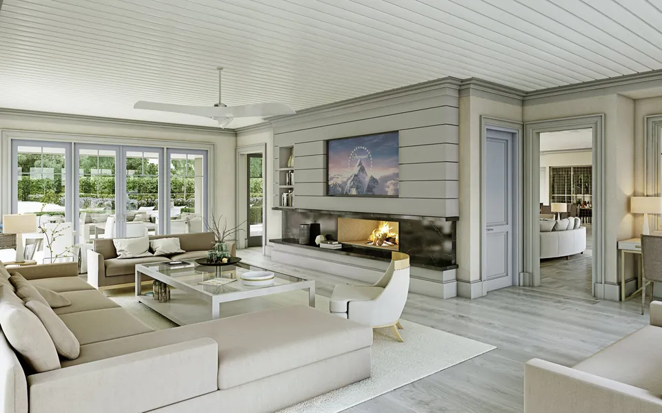Interior rendering of a family room with linear fireplace, Hedges Lane, Sagaponack