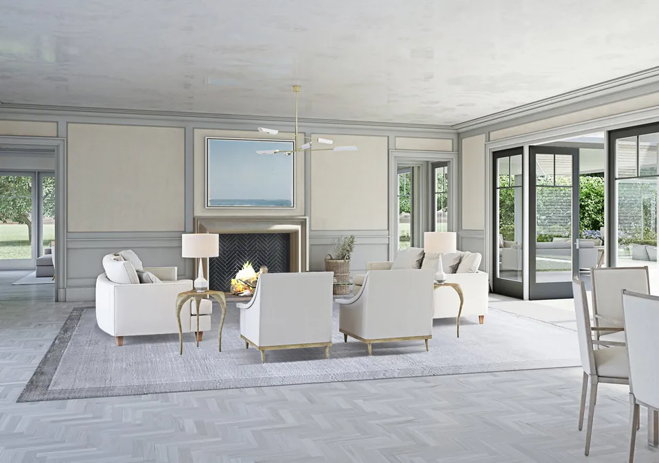 Interior rendering of a bright living room with fireplace and lounge seating