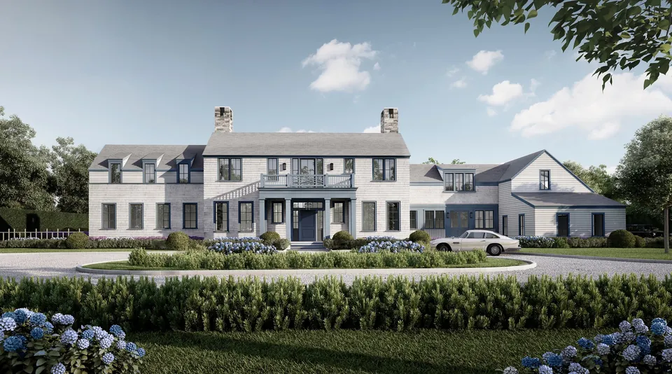 Front exterior rendering of a shingle-style estate with circular drive and hydrangeas