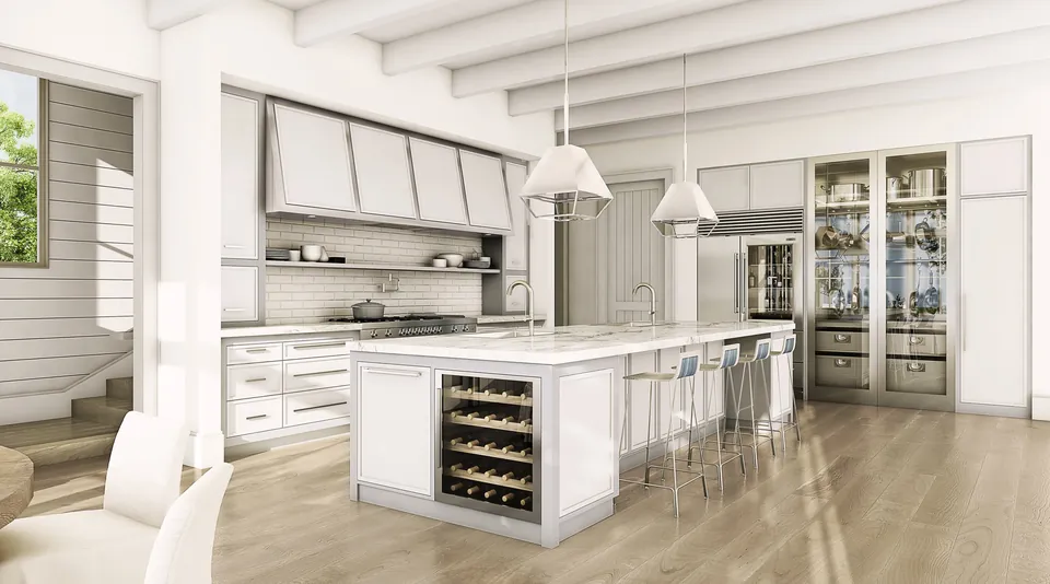 Interior rendering of a white kitchen with island, wine refrigerator and glass cabinets