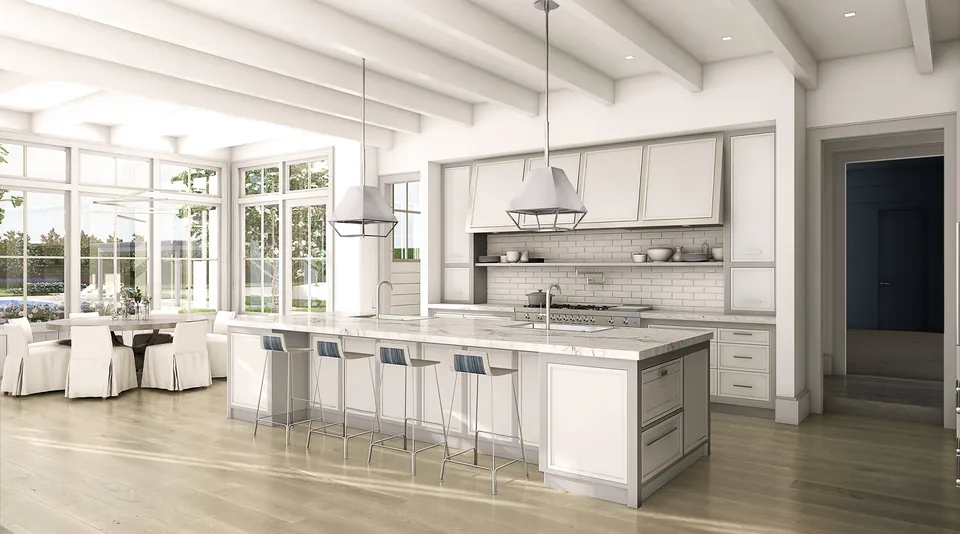 Interior rendering of a white open-plan kitchen with island and dining area