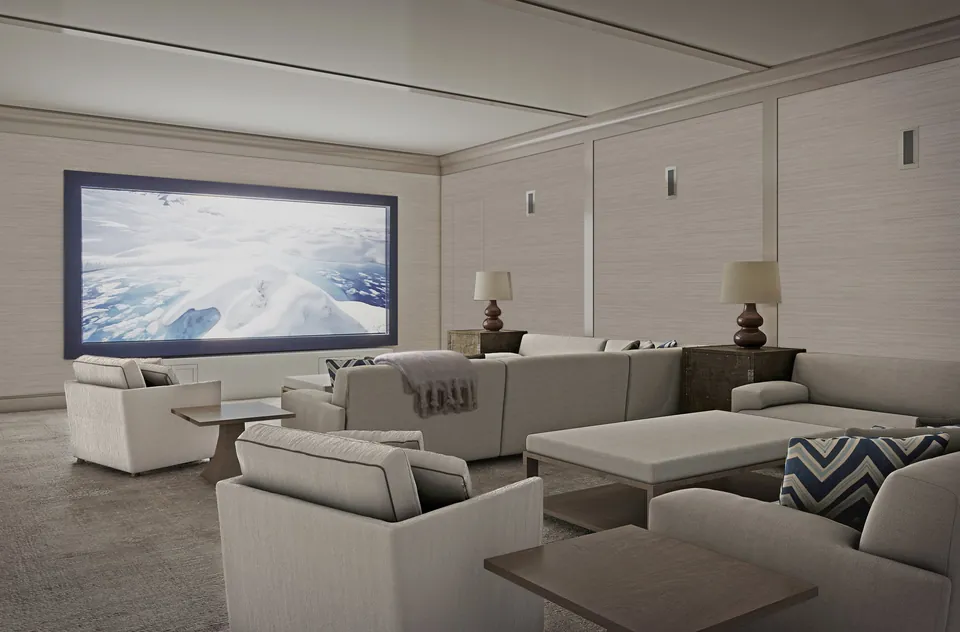 Interior rendering of a home media room with a large projection screen and sectional sofa